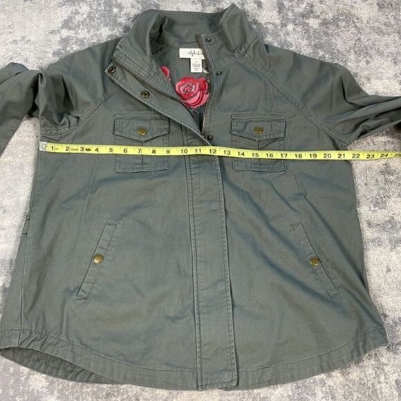 Style & Co Embroidered Roses Floral Back Utility Jacket Green Shacket Sz S - Picture 8 of 12